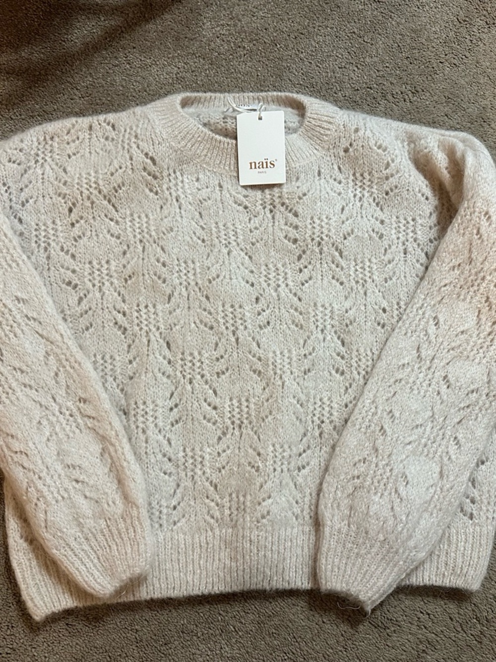 Nais Cream Open-Work Crewneck Sweater